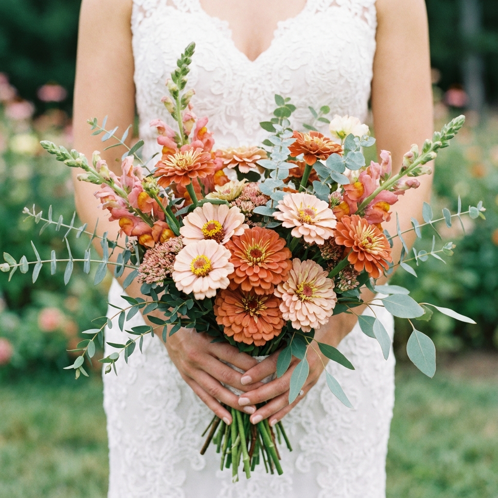 Bridal bouquet with zinnias and eucalyptus